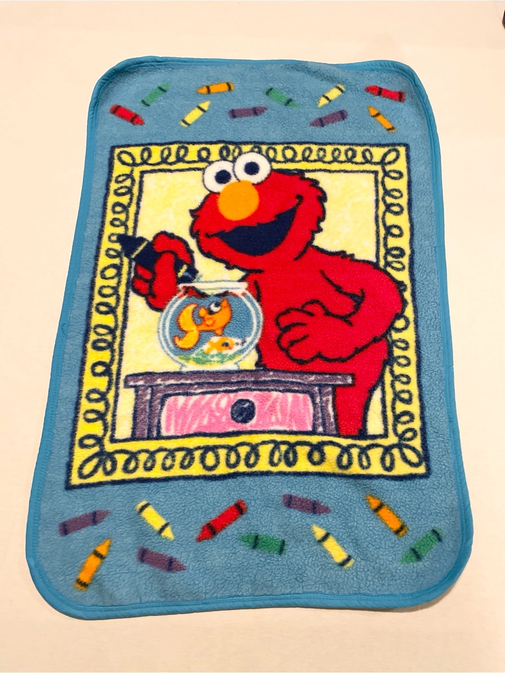 Vintage 90s Sesame Street Elmo Fleece Baby Blanket Owen Throw Crayon Art Gol